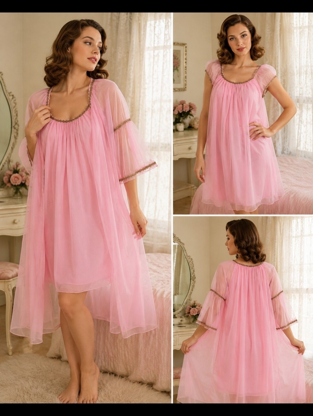 1950s Canadian Maid Pink Peignoir Set Vintage Sheer Nightgown & Robe medium